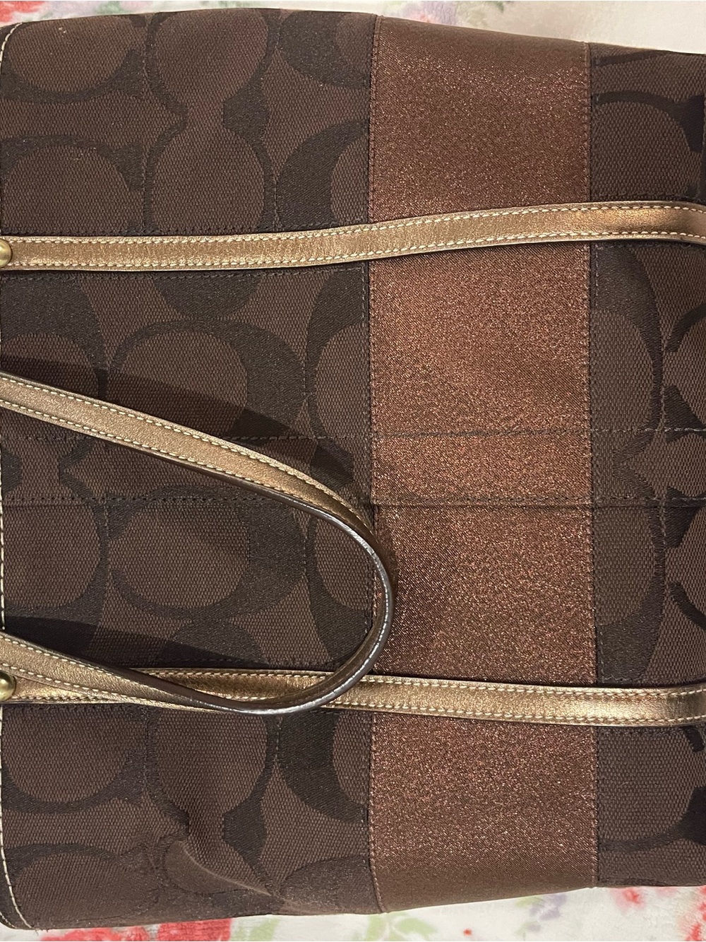 Coach Brown Signature Pattern Tote Bag with Metallic Trim